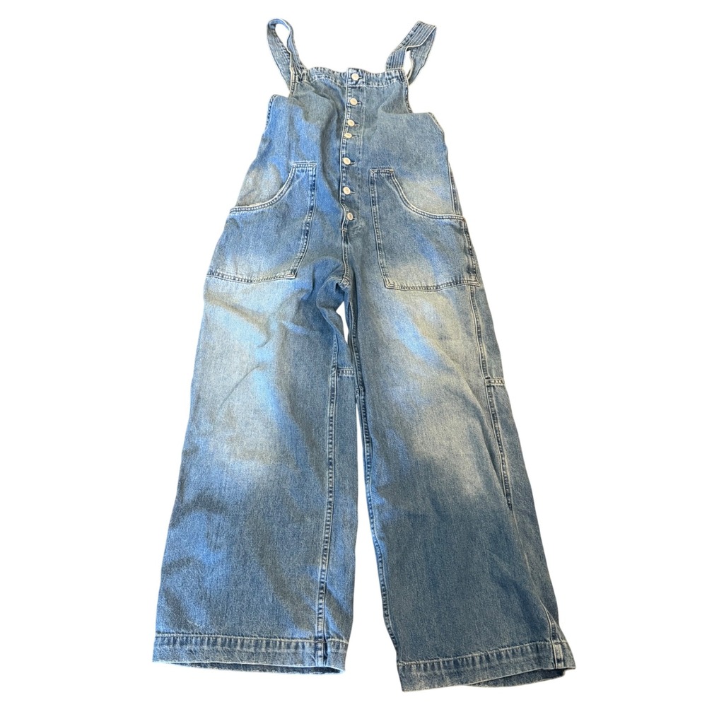 We The Free Free People Wide Leg Denim Overalls Light Wash Blue Size M Button Up